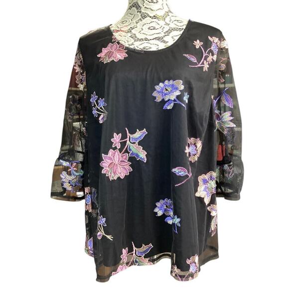 Catherine’s Floral Embroidered Mesh Overlay Top Blouse Sz 1XP Black - Picture 1 of 5
